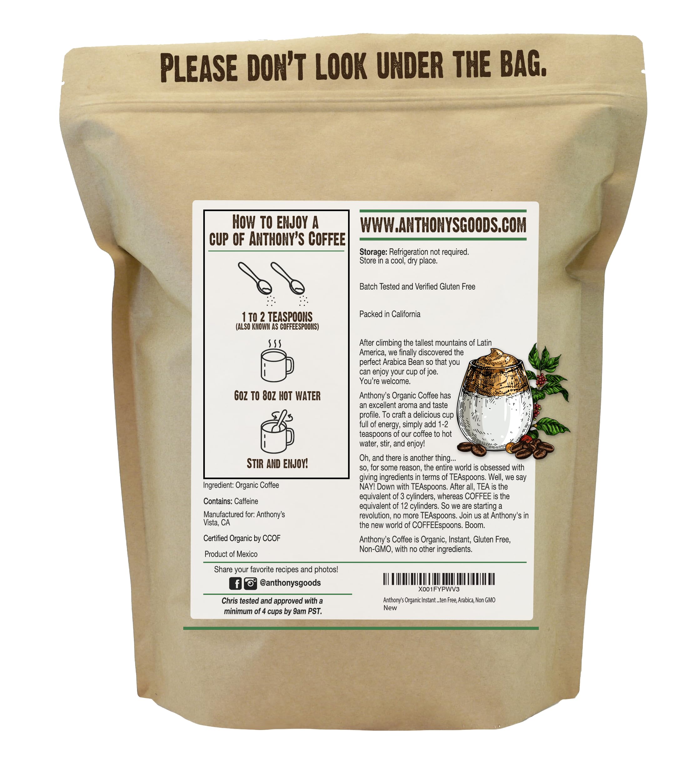 Anthony's Organic Instant Coffee granules dissolve quickly for a simple morning brew.
