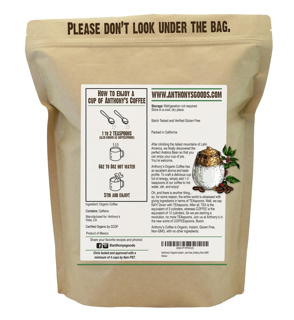 Anthony's Organic Instant Coffee granules dissolve quickly for a simple morning brew.