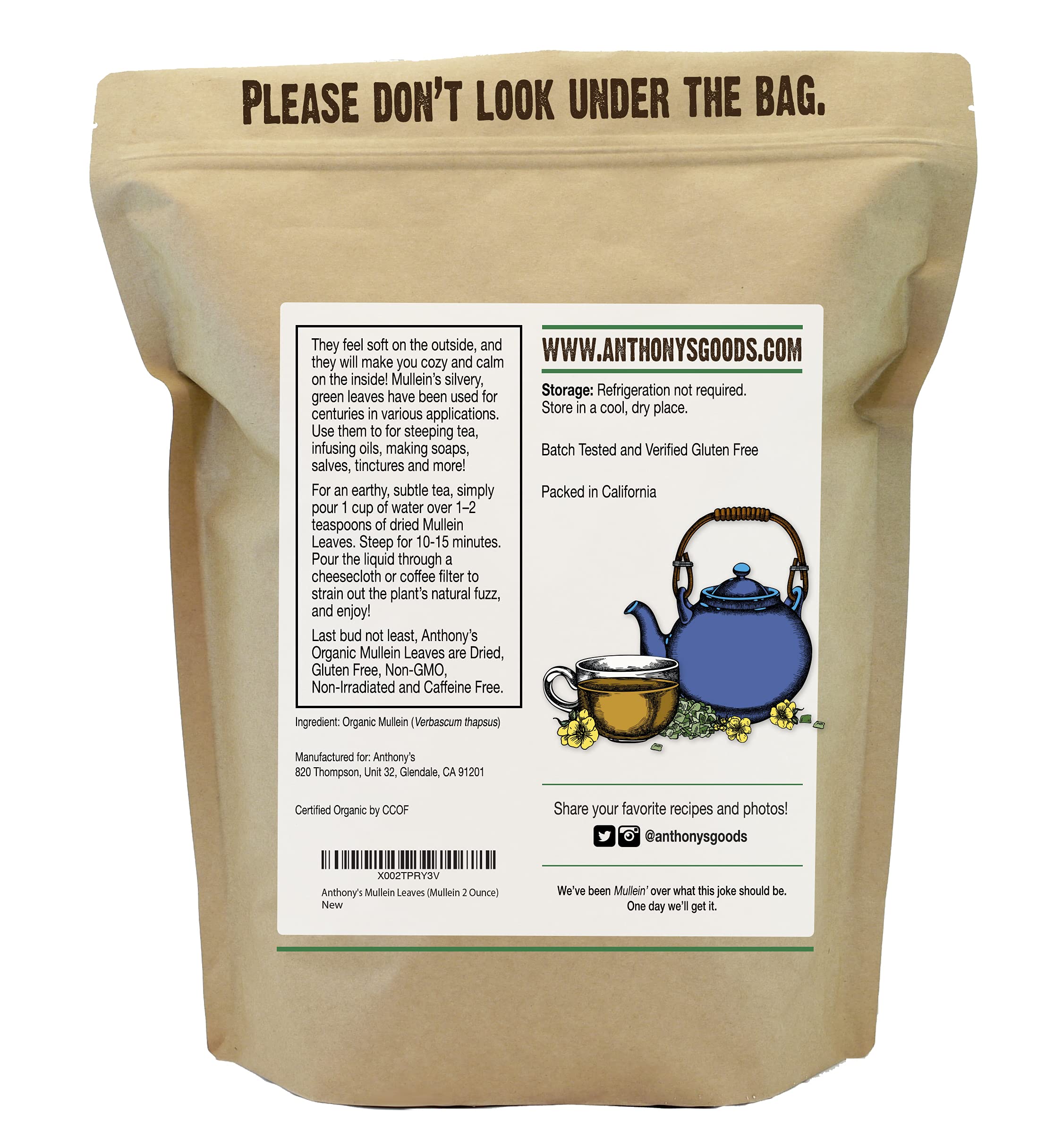 Anthony's Organic Mullein Leaves batch-tested gluten free for gluten-sensitive use.