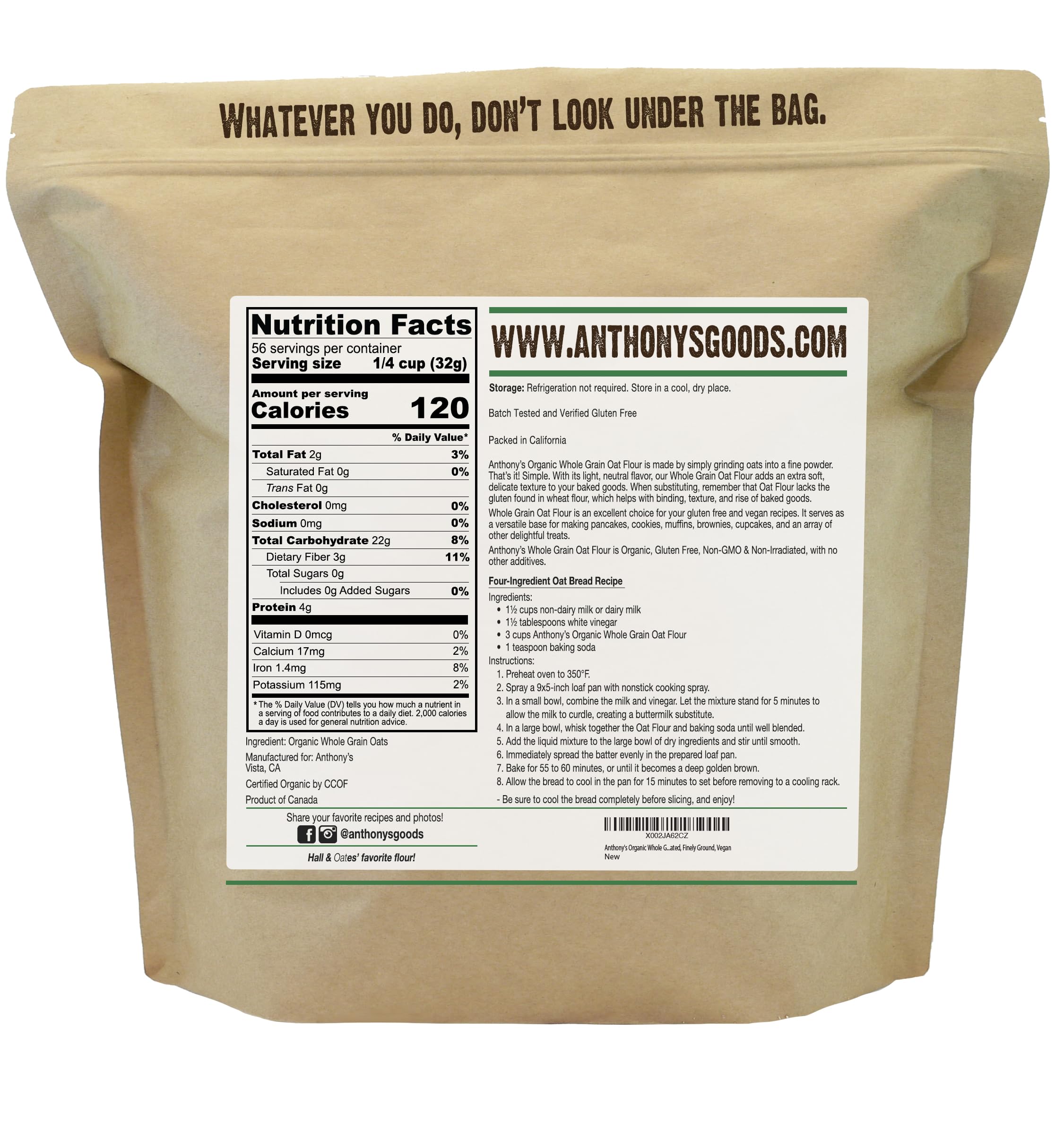 Anthony's Organic Oat Flour pour, smooth texture for bake-friendly pancakes.