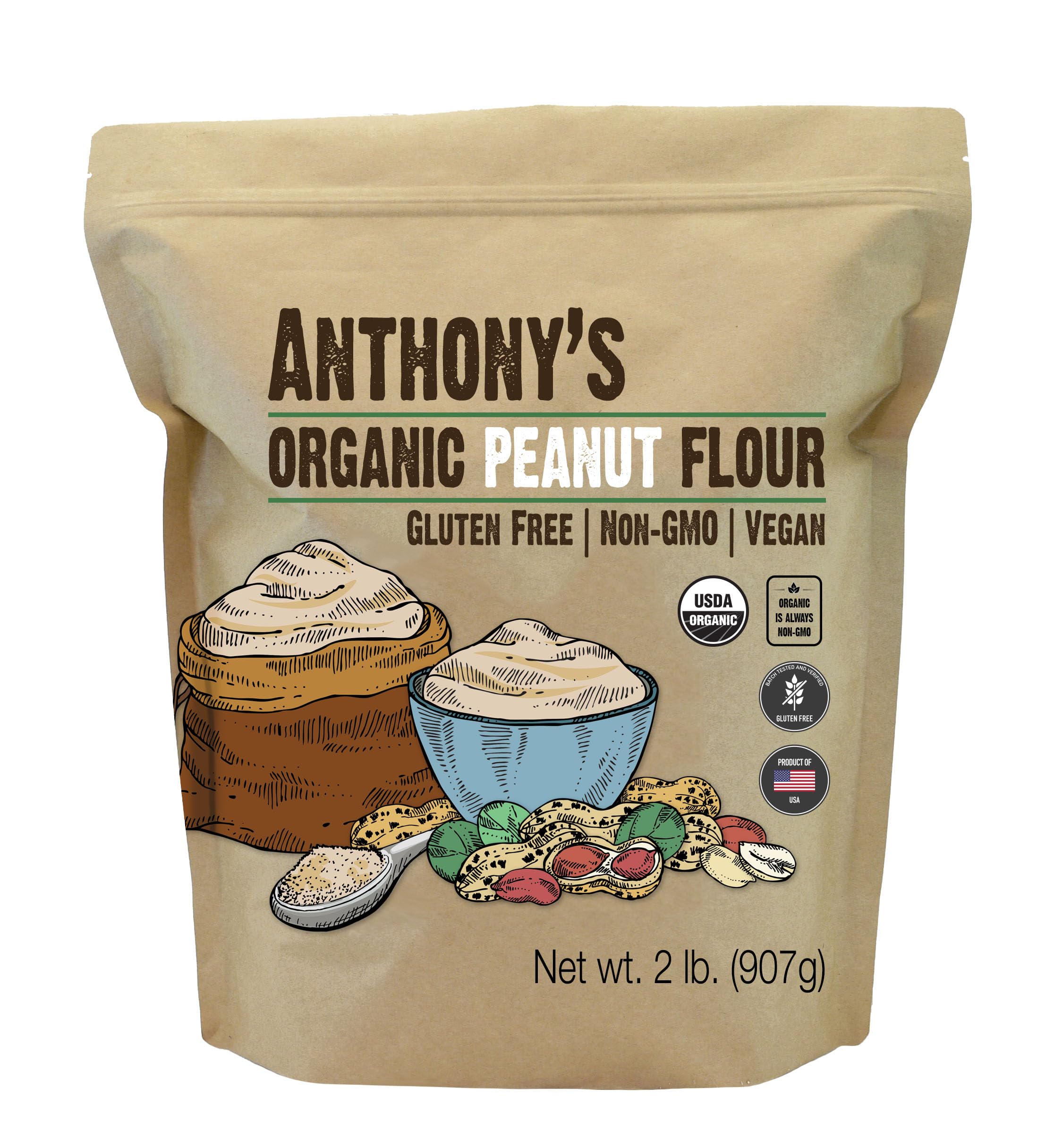 Anthony's Organic Peanut Flour bottle pour showing defatted texture for light baking