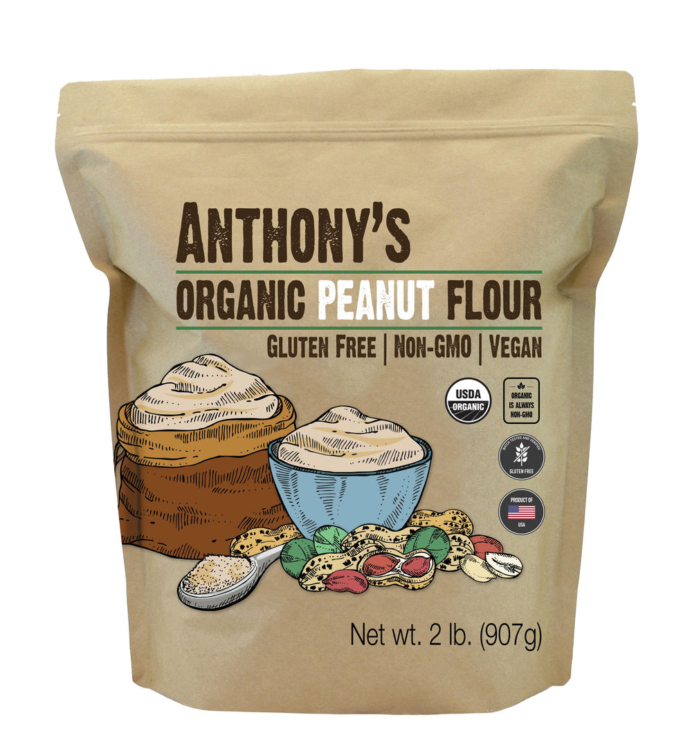 Anthony's Organic Peanut Flour bottle pour showing defatted texture for light baking