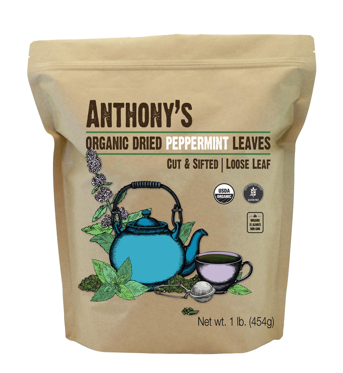 Anthony's Organic Peppermint Leaves front label showing organic certification