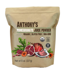 Anthony's Organic Pomegranate Powder bottle closeup highlighting quality and color