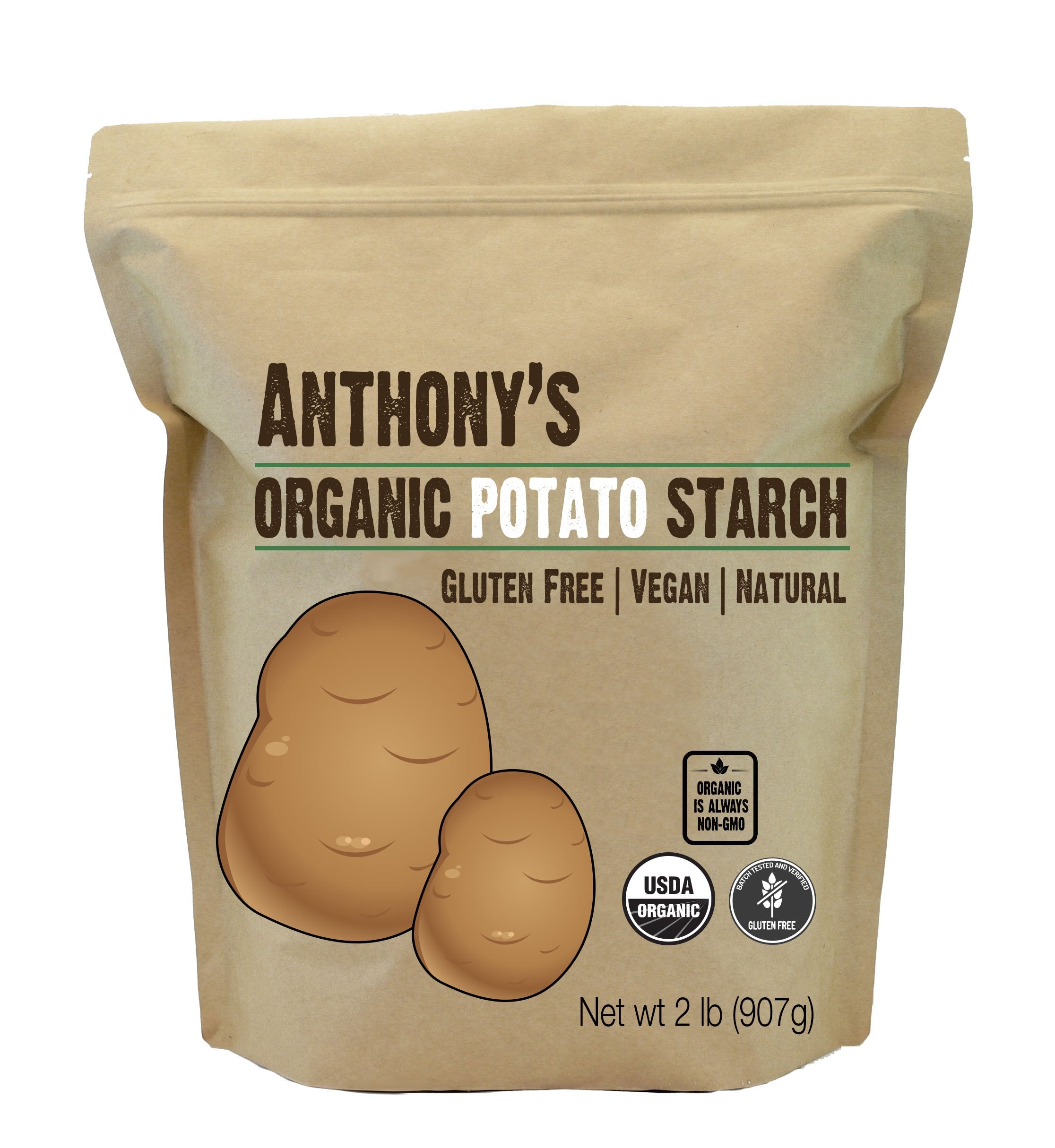 Anthony's Organic Potato Starch 2lb bottle on the kitchen counter, gluten-free thickener for sauces