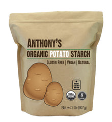 Anthony's Organic Potato Starch 2lb bottle on the kitchen counter, gluten-free thickener for sauces