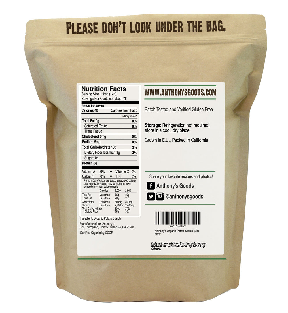 Anthony's Organic Potato Starch ingredients label close-up, vegan unmodified starch source