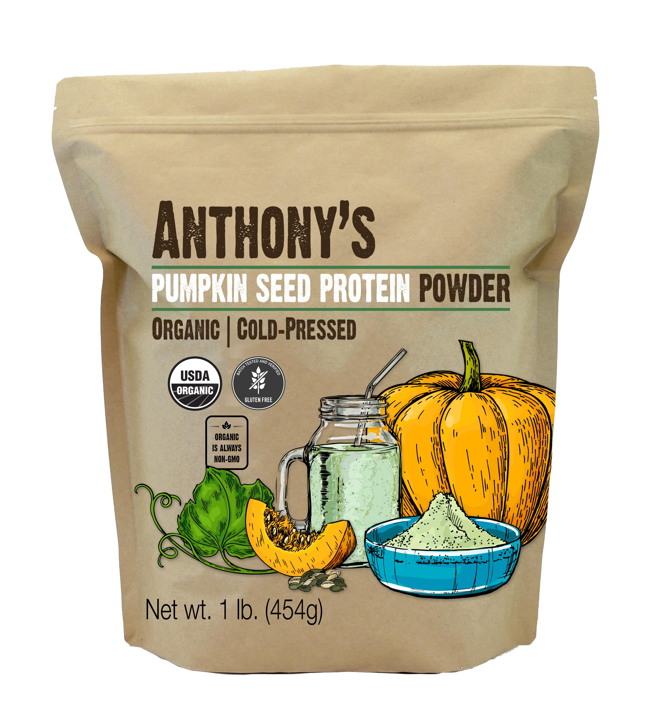 Anthony's Organic Pumpkin Seed Protein Powder packaging shows organic, gluten-free ingredients for clean nutrition.
