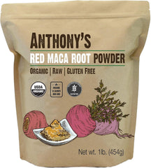 Anthony's Organic Red Maca Powder canister showing raw maca for natural energy