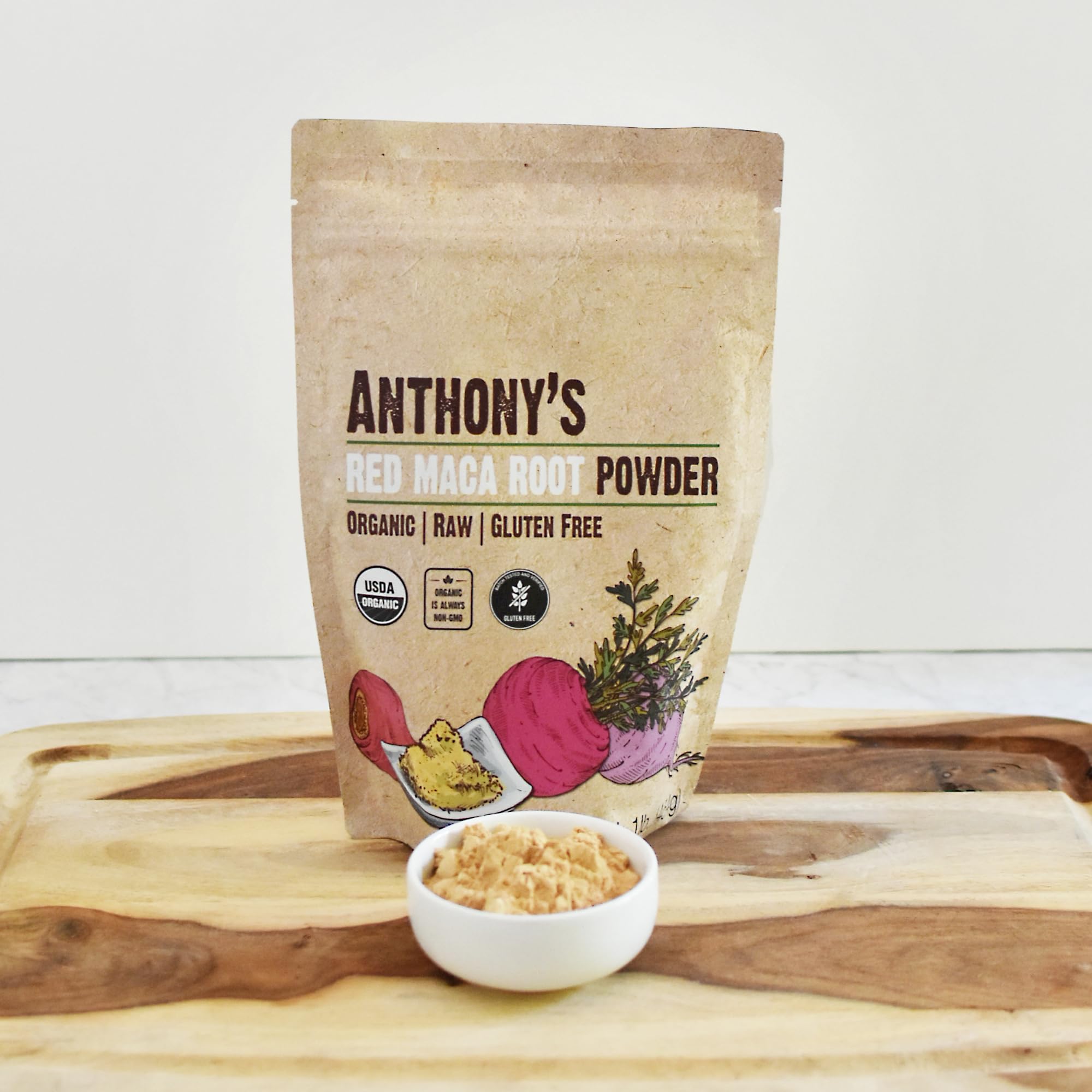 Anthony's Organic Red Maca Powder jar focused on raw non-gelatinized purity