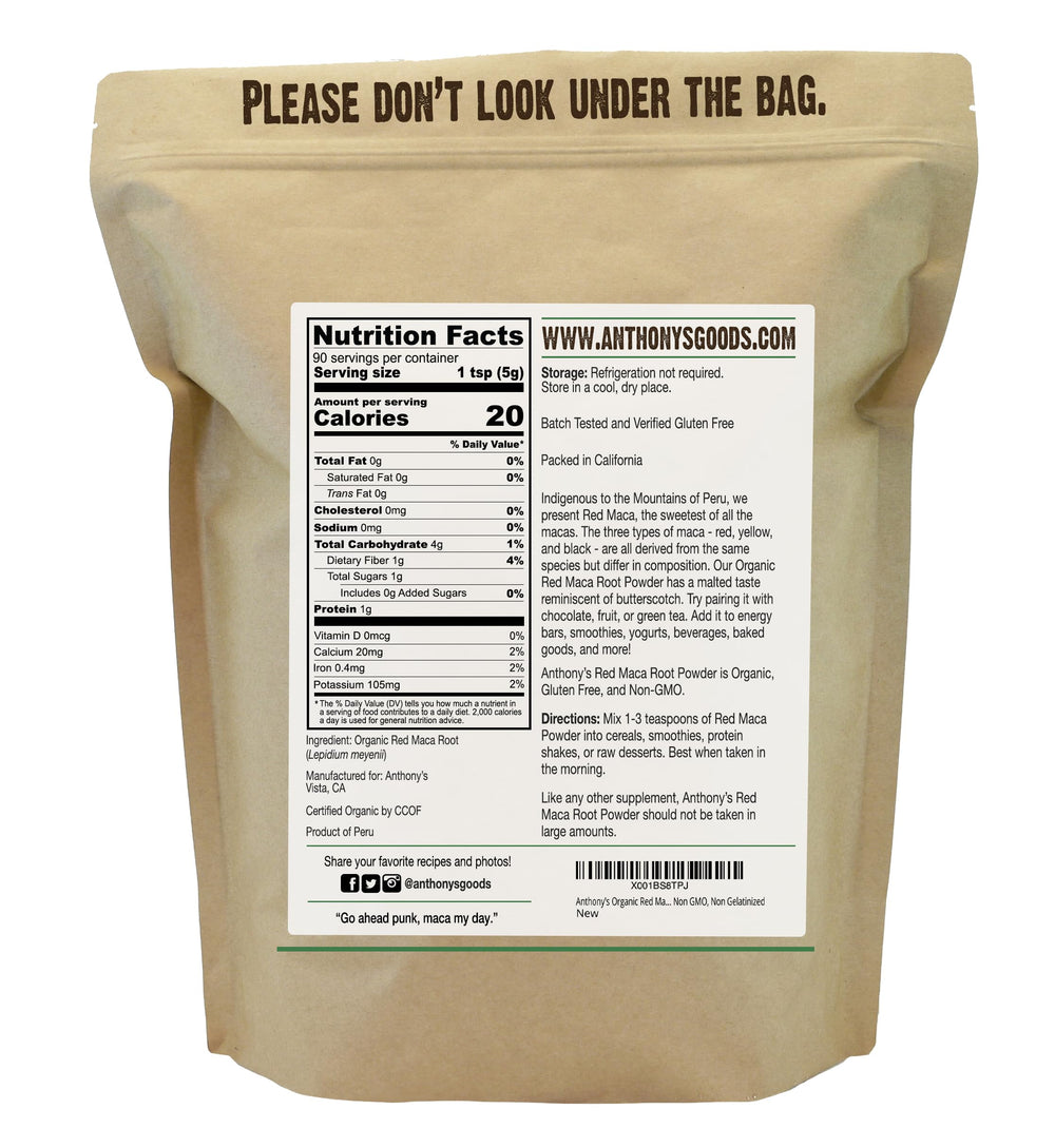 Anthony's Organic Red Maca Powder with scoop highlights gluten-free and non-GMO formula