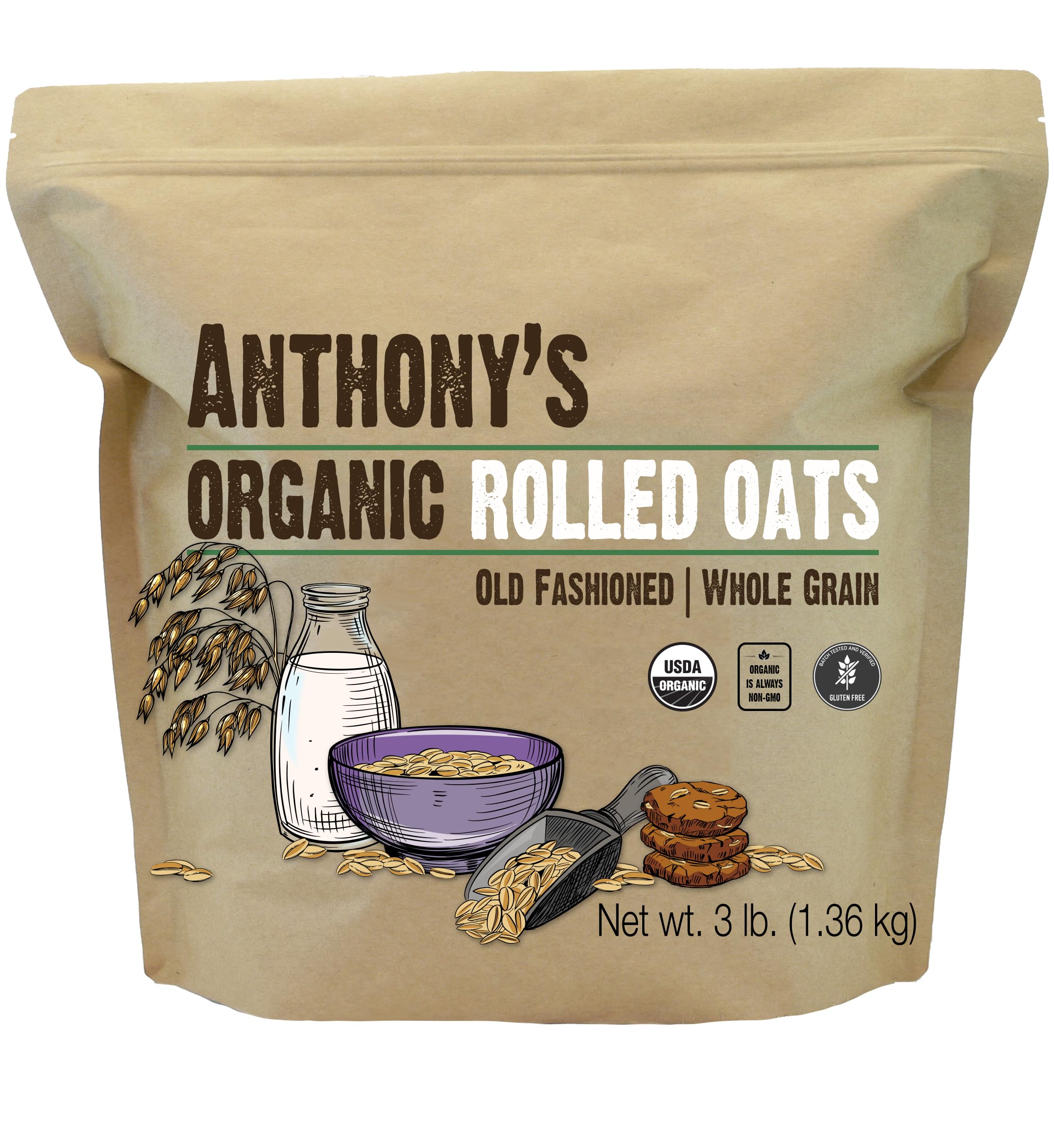 Anthony's Organic Rolled Oats in a bowl, perfect for a warm gluten-free breakfast.