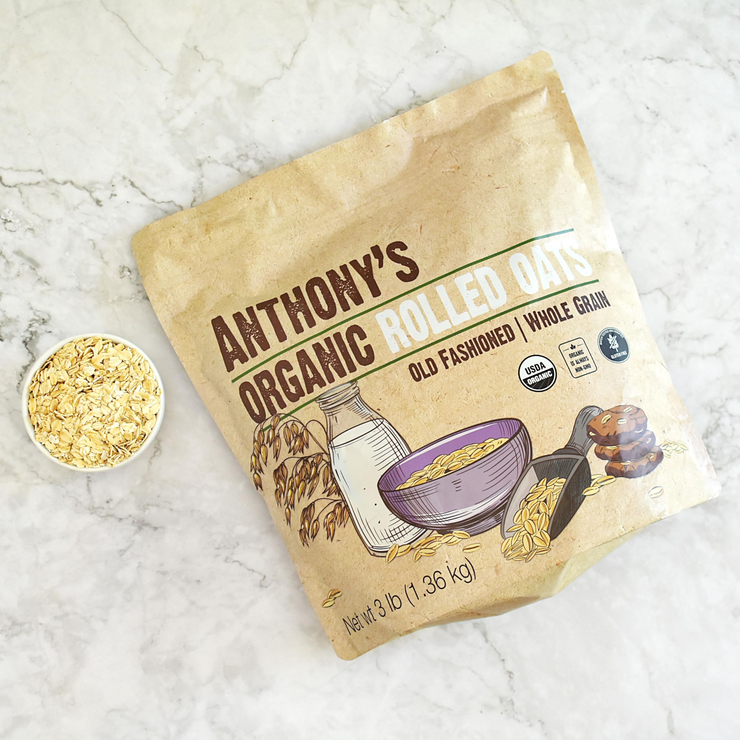Anthony's Organic Rolled Oats label confirms gluten-free status for careful diets.