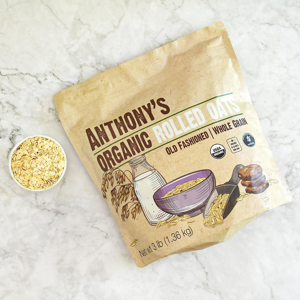 Anthony's Organic Rolled Oats label confirms gluten-free status for careful diets.