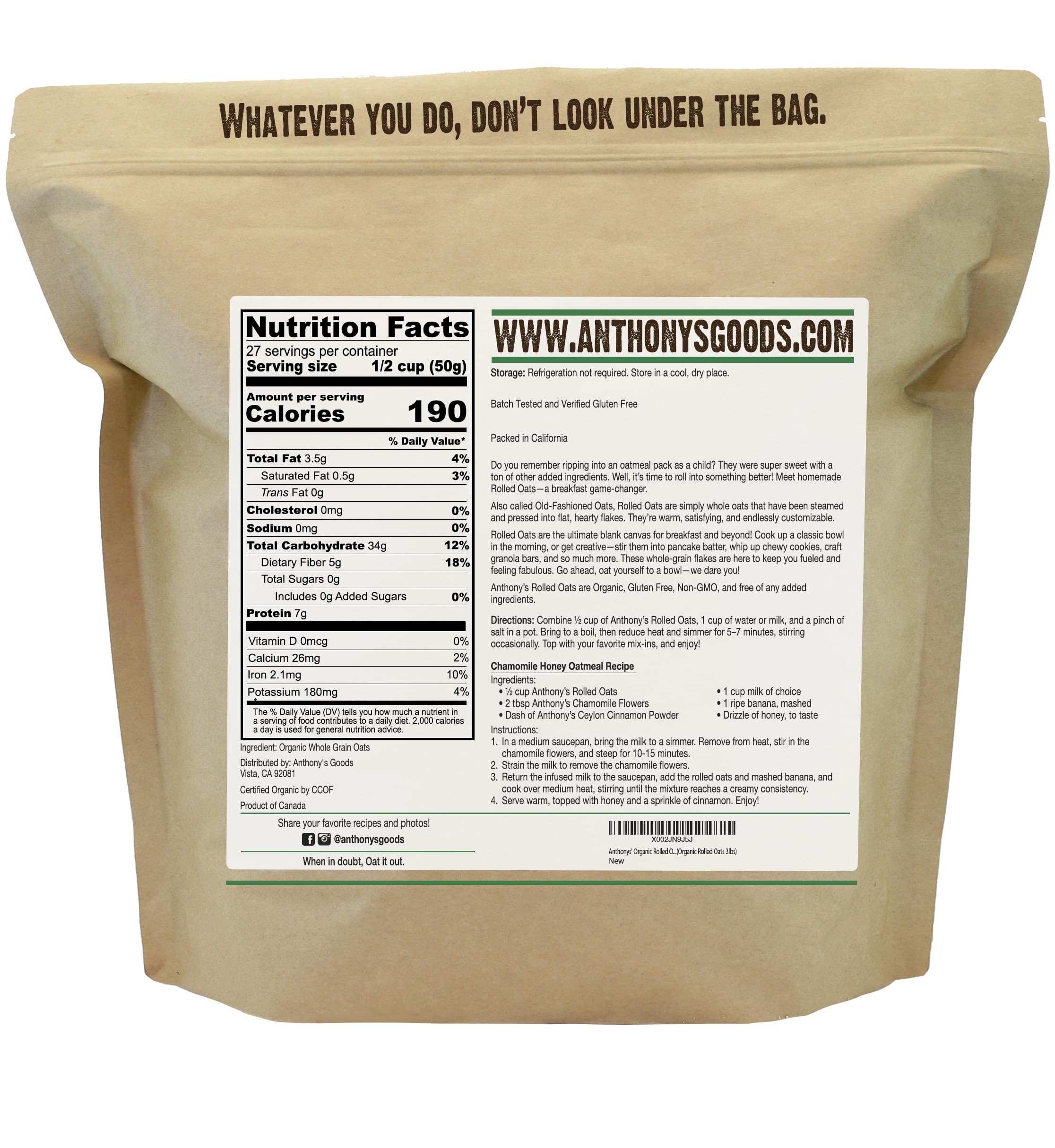 Anthony's Organic Rolled Oats packaging highlights gluten-free, non-GMO oats.