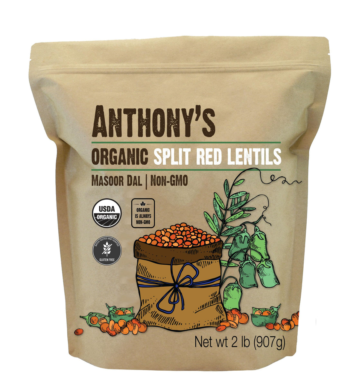 Anthony's Organic Split Red Lentils front pack shot highlighting pantry staple