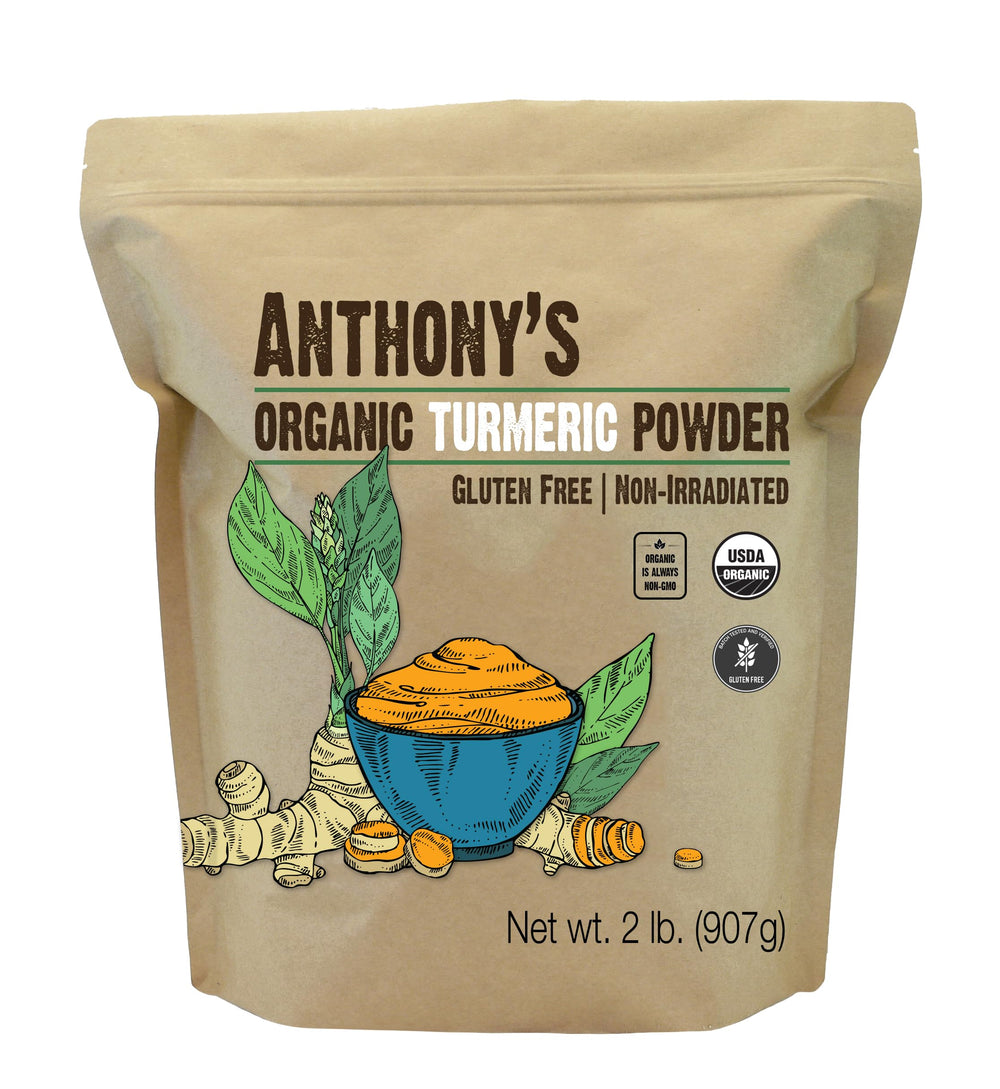 Anthony's Organic Turmeric Powder bulk 2lb packaging highlights quality and value.