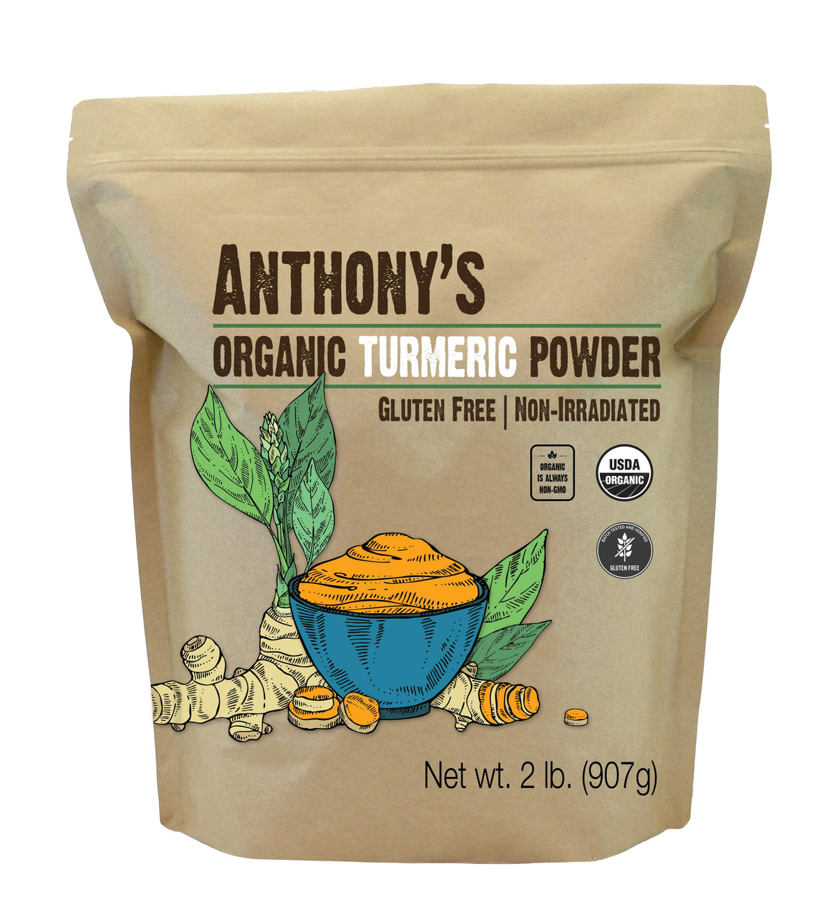 Anthony's Organic Turmeric Powder bulk 2lb packaging highlights quality and value.