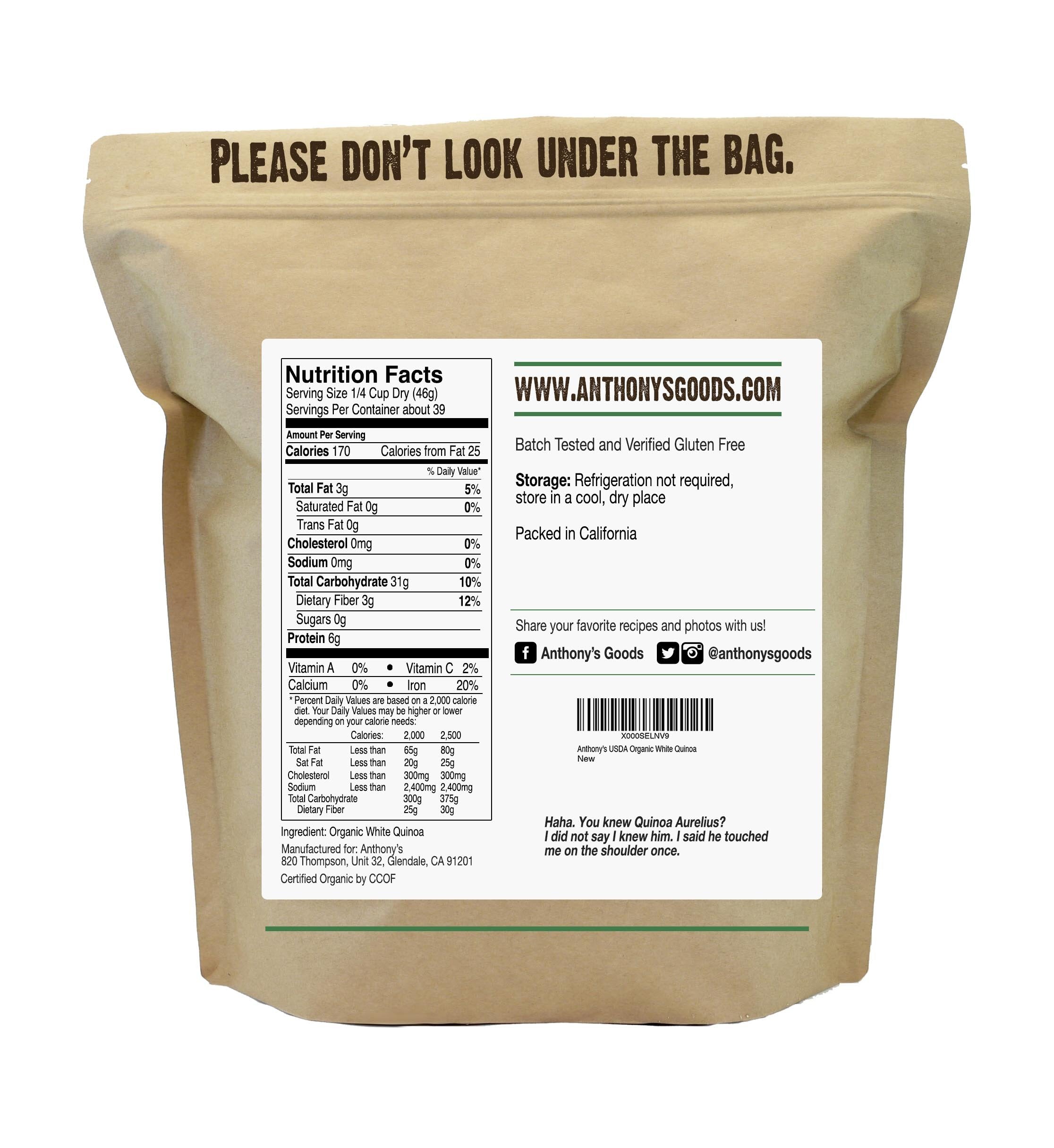 Anthony's Organic White Quinoa label highlights gluten-free and Non-GMO certifications.