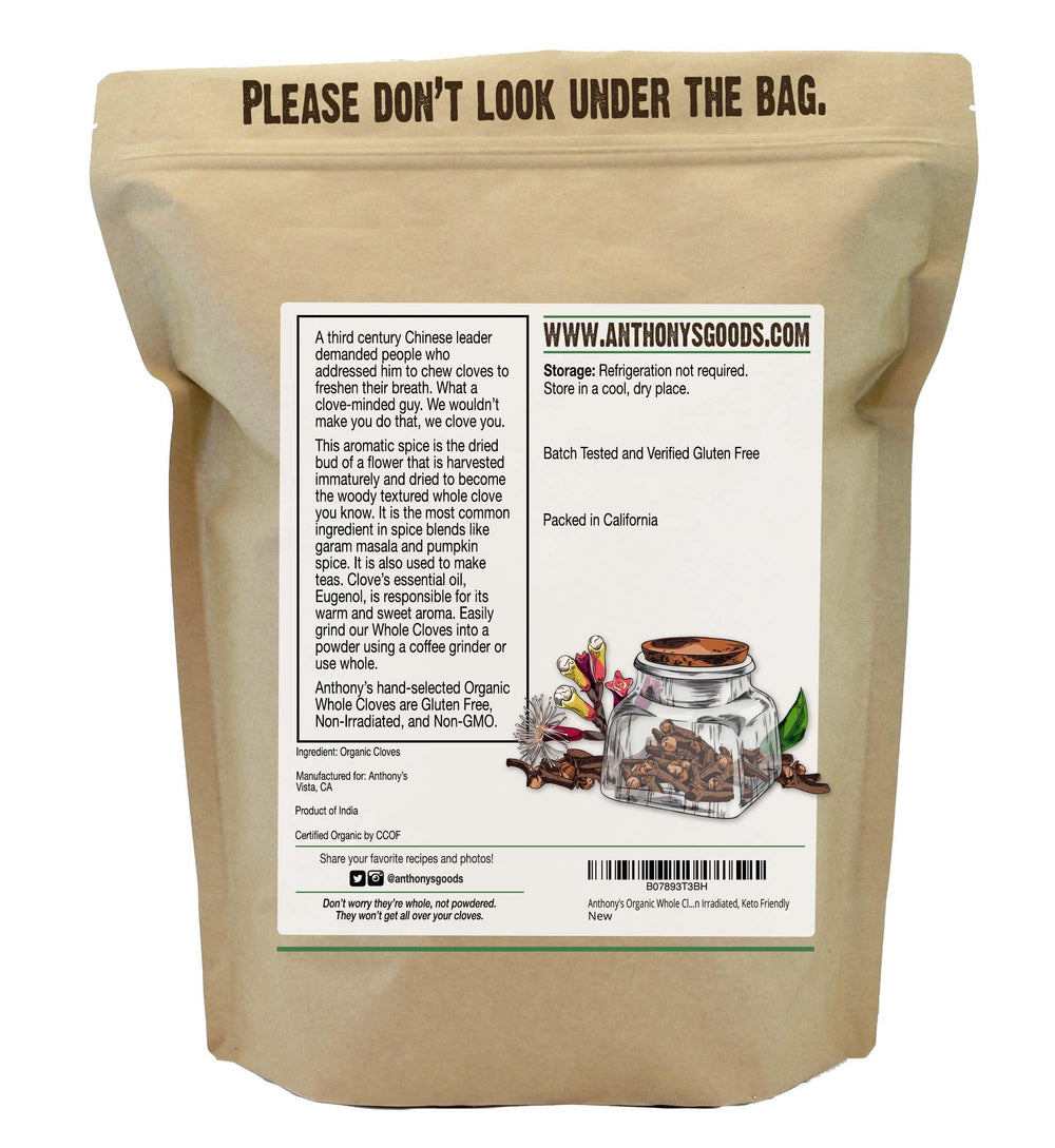 Anthony's Organic Whole Cloves closeup highlighting warm scent for baking and beverages.