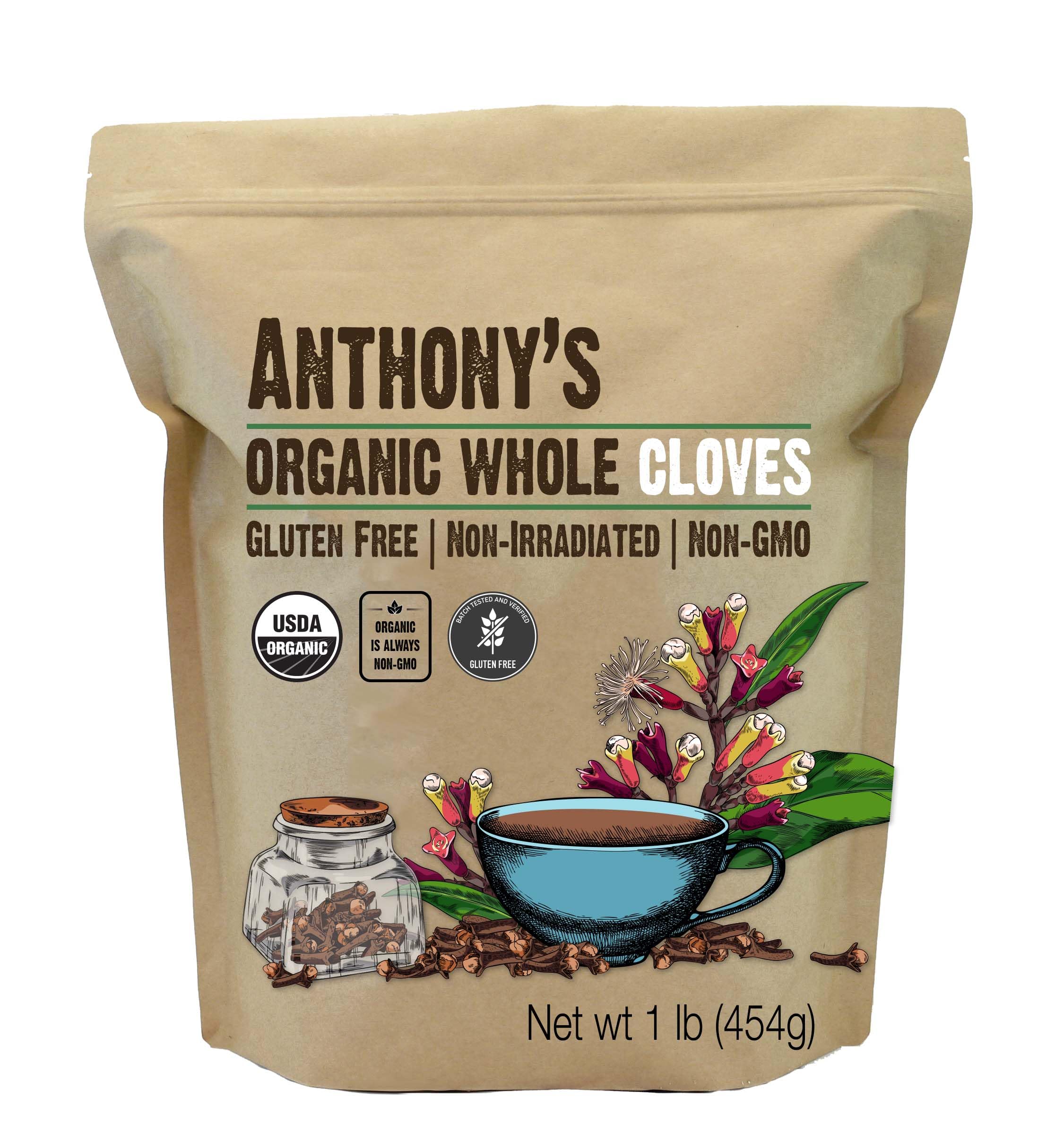 Anthony's Organic Whole Cloves pack showing bold aroma for spice blends and teas.