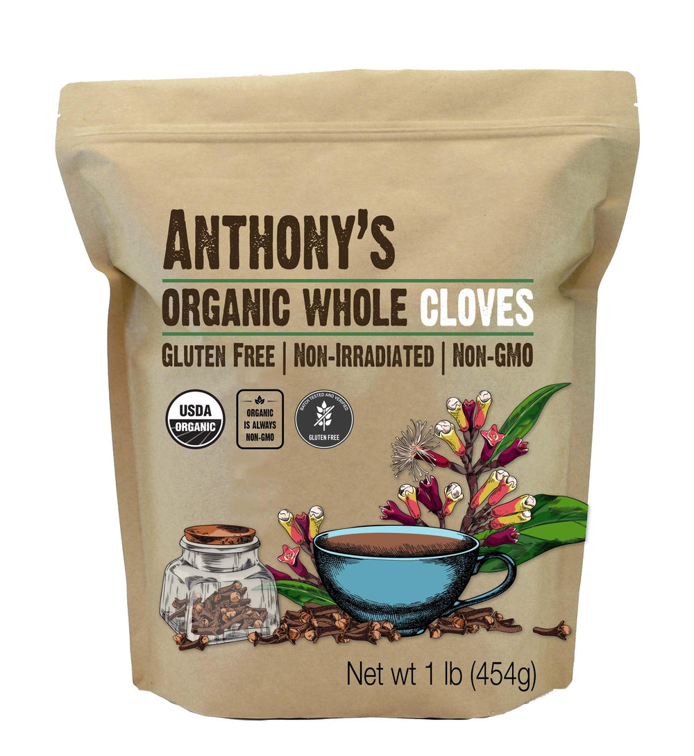Anthony's Organic Whole Cloves pack showing bold aroma for spice blends and teas.