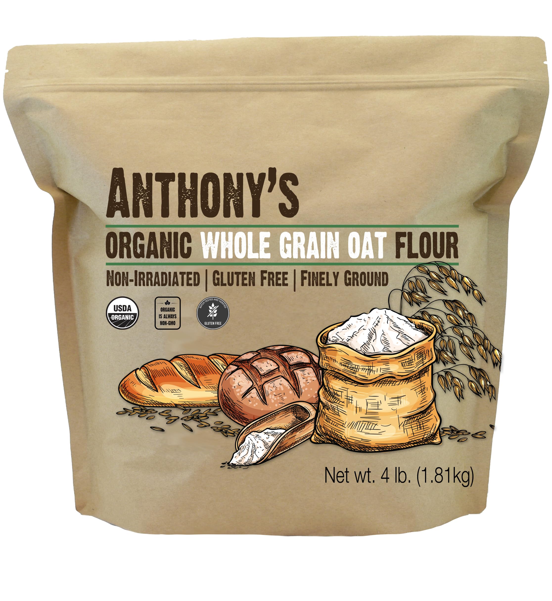 Anthony's Organic Whole Grain Oat Flour 4lb bag, gluten-free, ideal for baking.