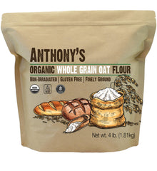 Anthony's Organic Whole Grain Oat Flour 4lb bag, gluten-free, ideal for baking.