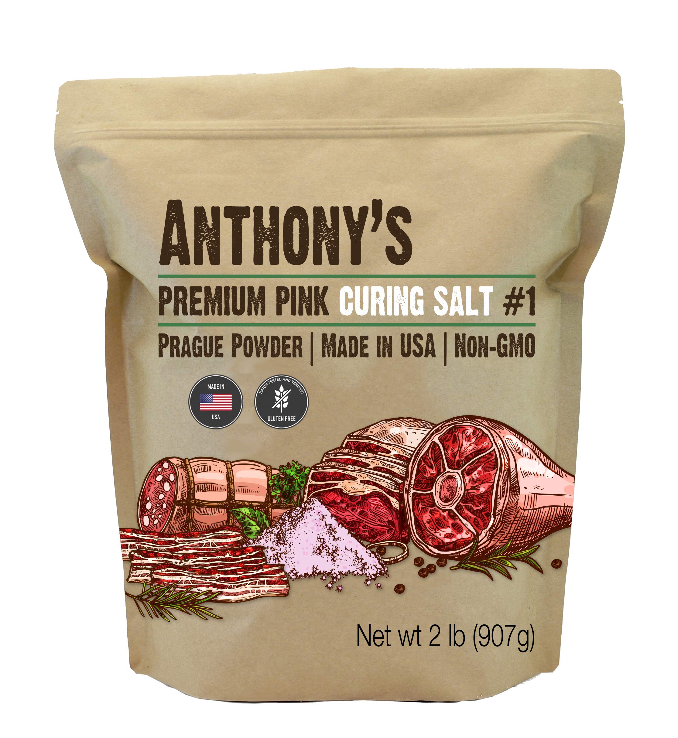 Anthony's Pink Salt No.1 bag shows batch-tested gluten-free curing for home sausage projects.