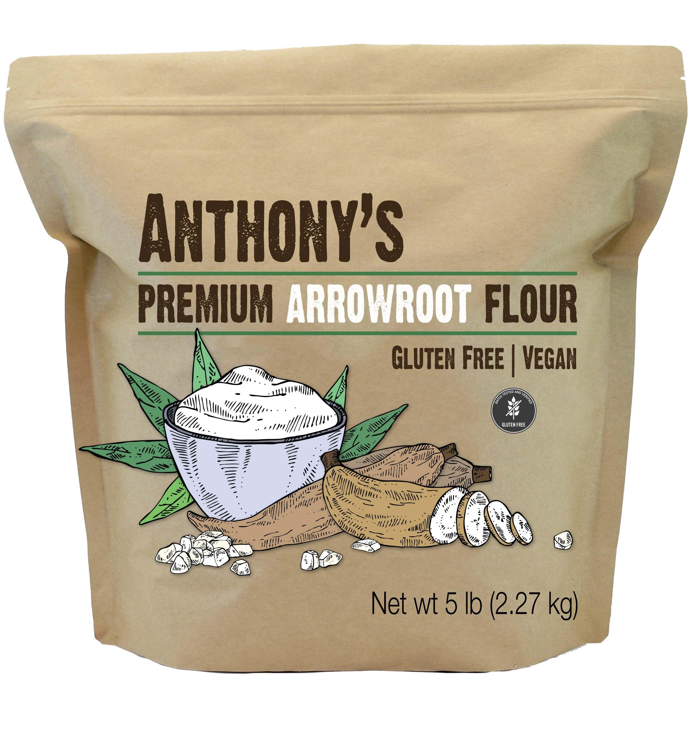 Anthony's Premium Arrowroot Flour packaging shows a 5 lb bag, ideal gluten-free pantry staple.