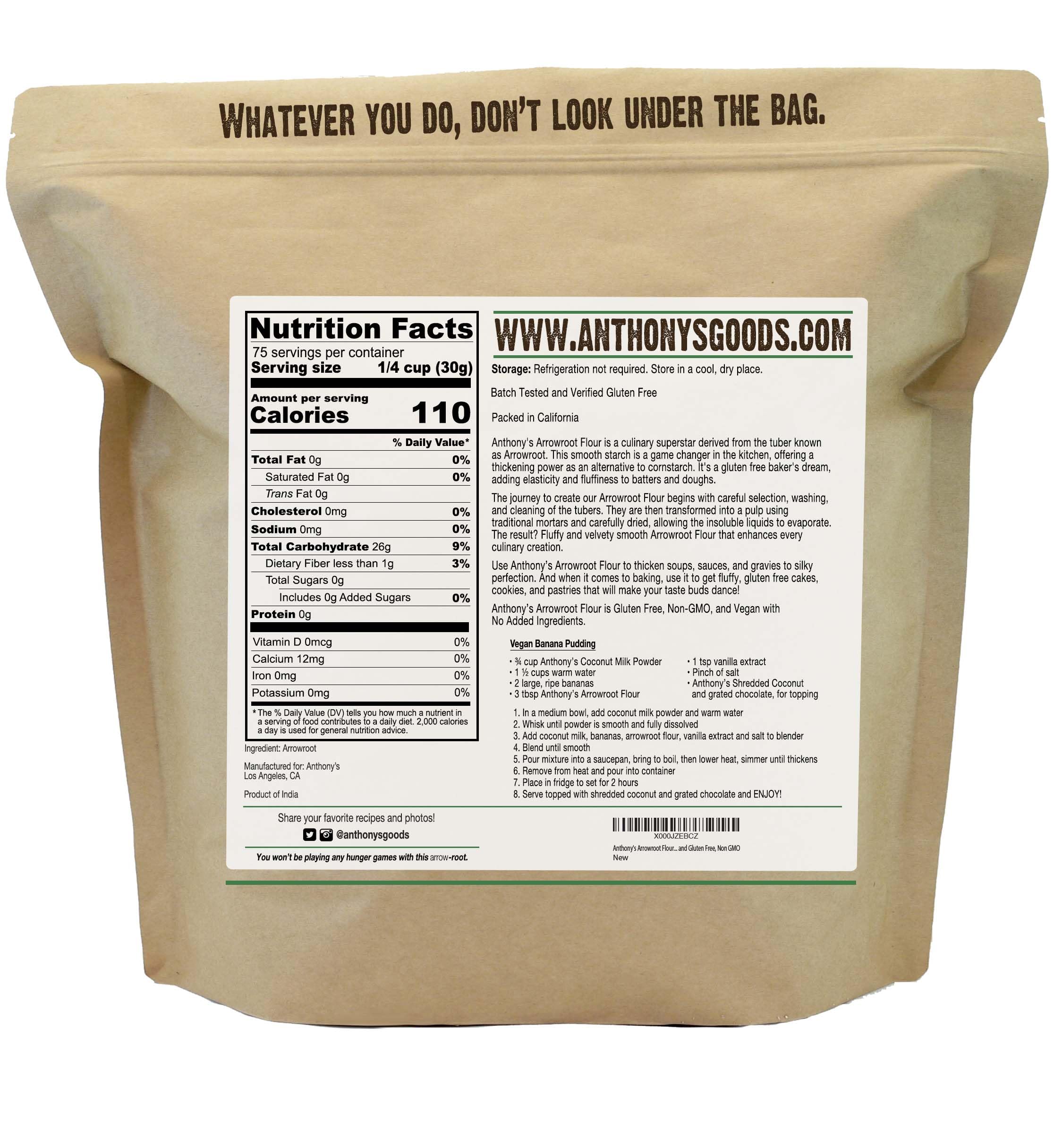 Anthony's Premium Arrowroot Flour fine powder texture ready for smooth baking.