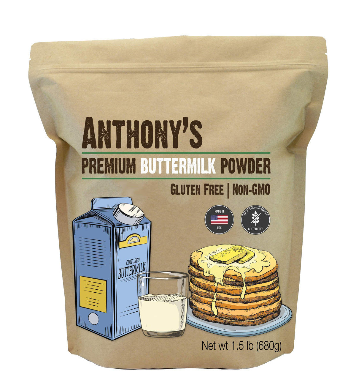 Anthony's Premium Buttermilk Powder bottle close-up highlighting baking use