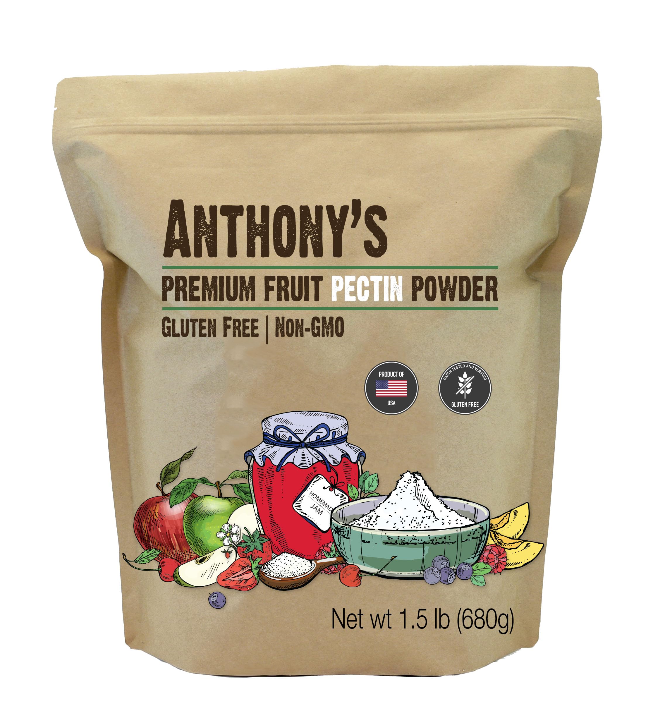 Anthony's Premium Fruit Pectin jar close-up showing glossy gel-ready texture for jams.