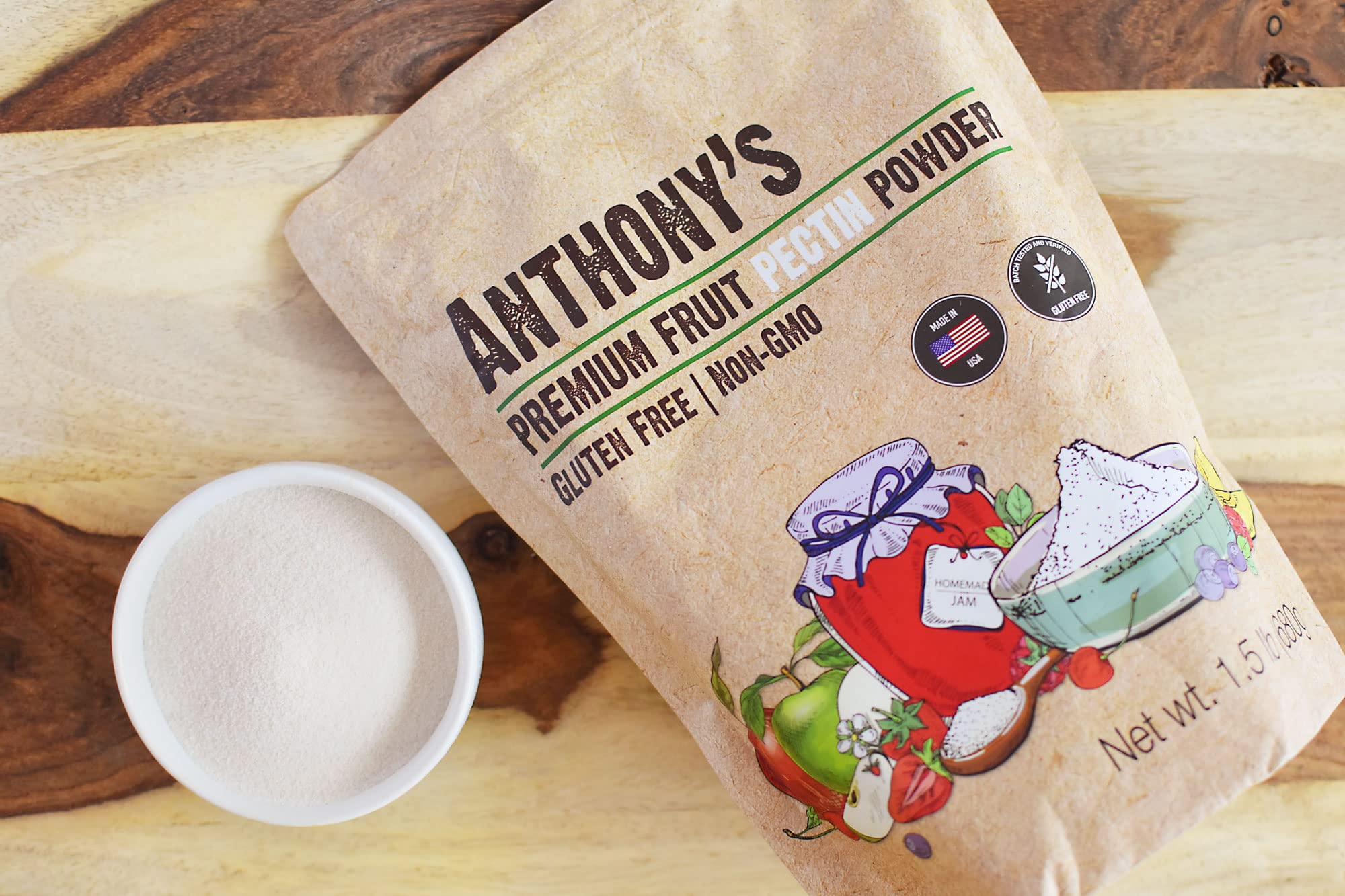 Anthony's Premium Fruit Pectin US-made badge visible on jar signaling quality.