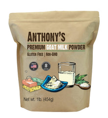 Anthony's Premium Goat Milk Powder 1lb packaging shows gluten-free, non-GMO quality for baking