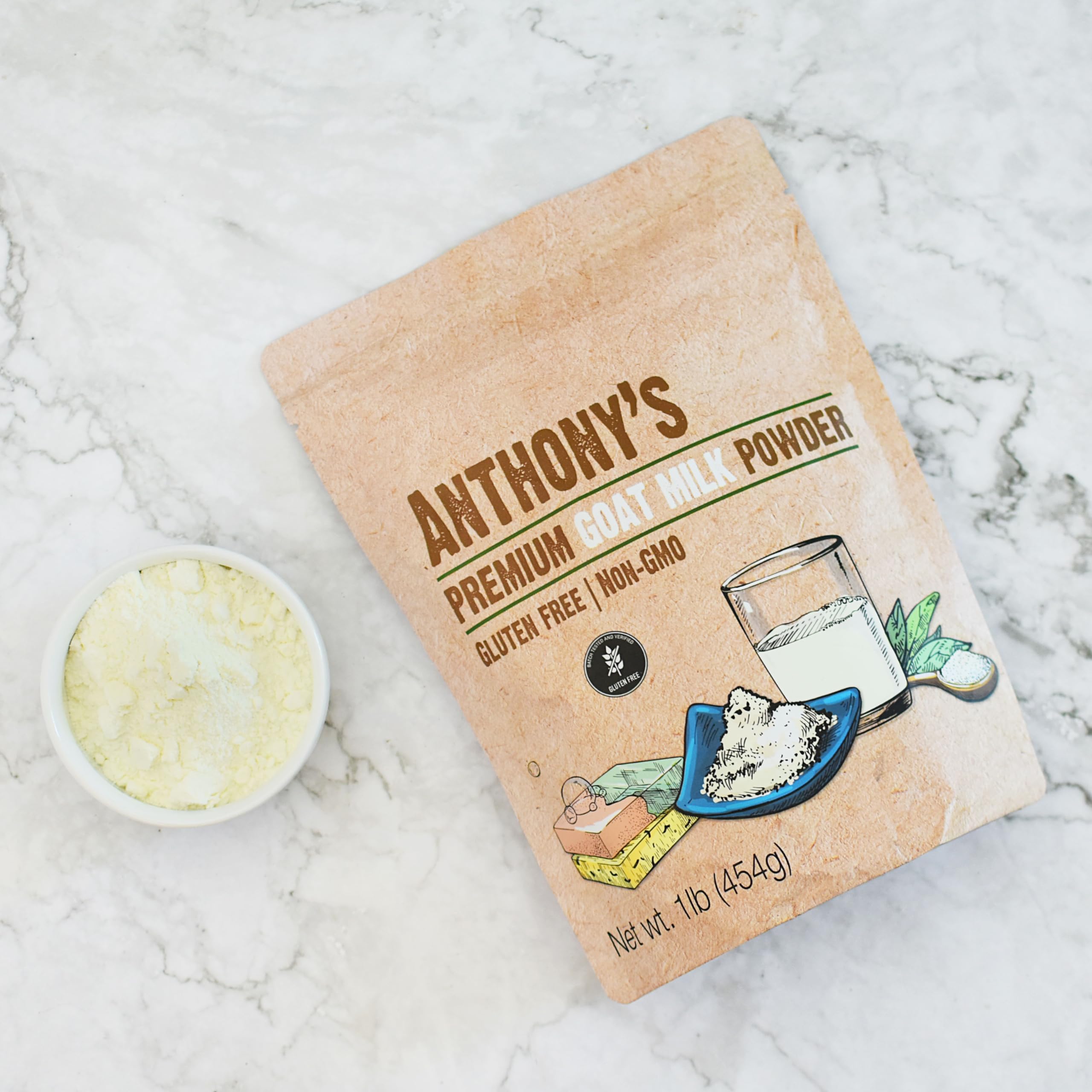 Anthony's Premium Goat Milk Powder non-GMO gluten-free label close-up signals trusted ingredients