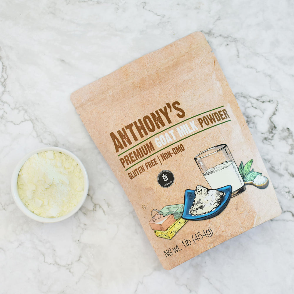 Anthony's Premium Goat Milk Powder non-GMO gluten-free label close-up signals trusted ingredients