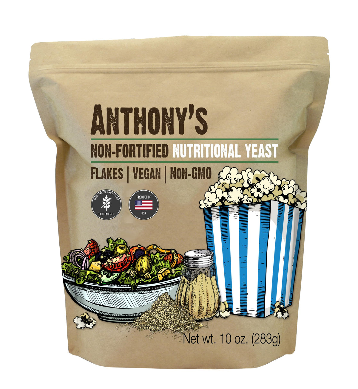 Anthony's nutritional yeast flakes bottle pouring for savory topping