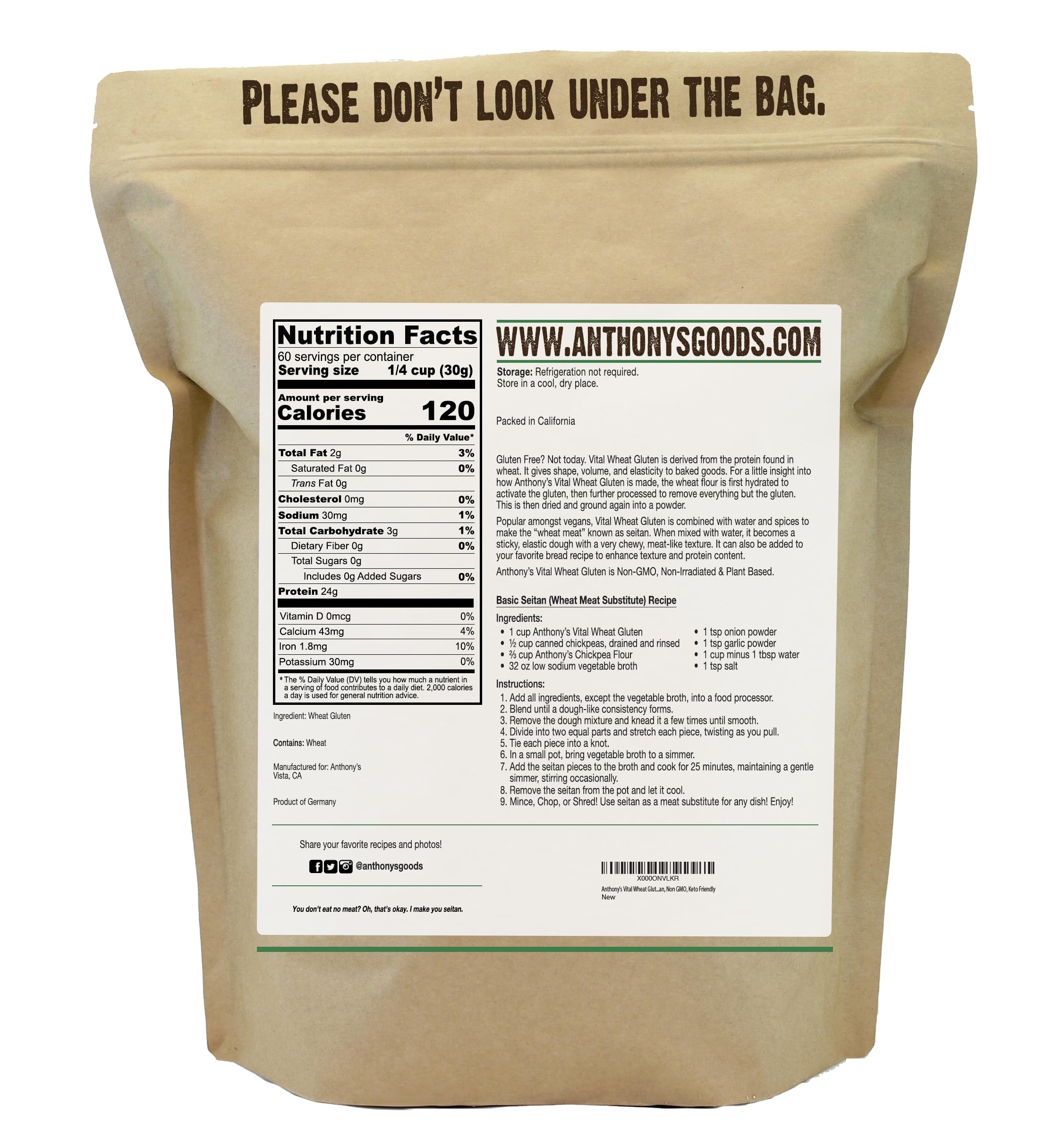 Anthony's Vital Wheat Gluten protein powder strengthens dough elasticity.