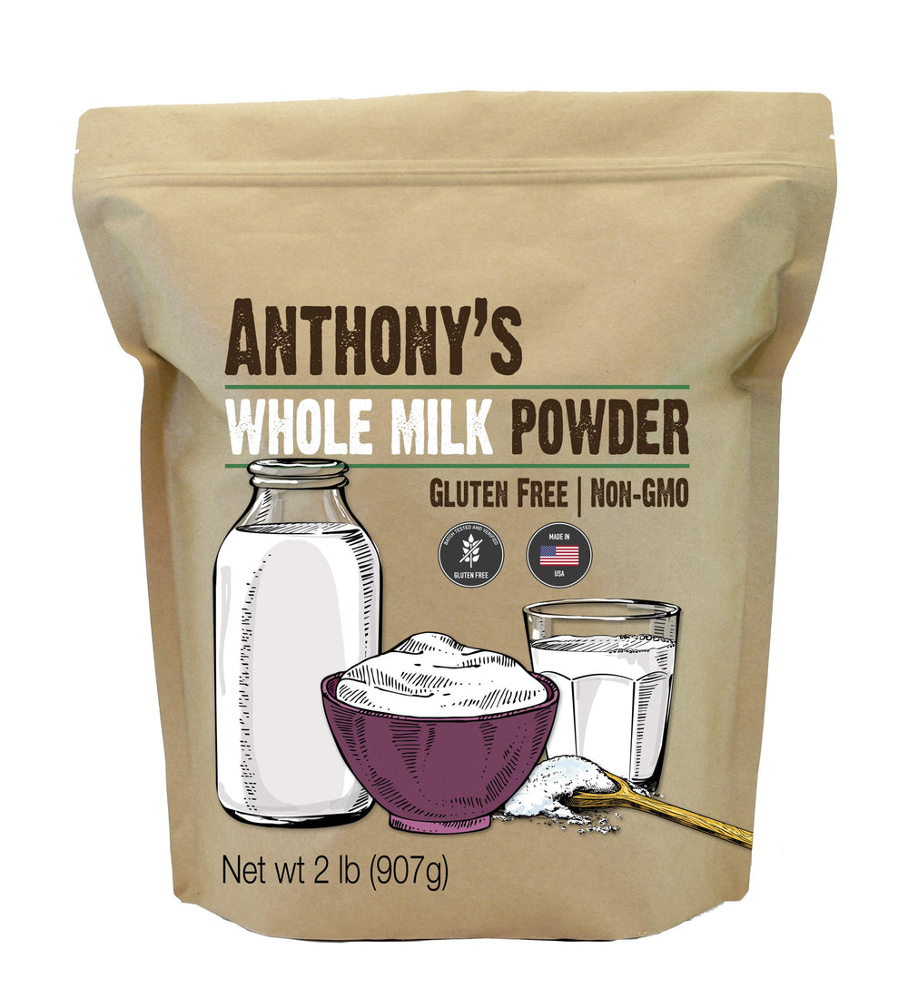 Anthony's Whole Milk Powder packaging, a premium dairy base for baking, beverages, and sauces