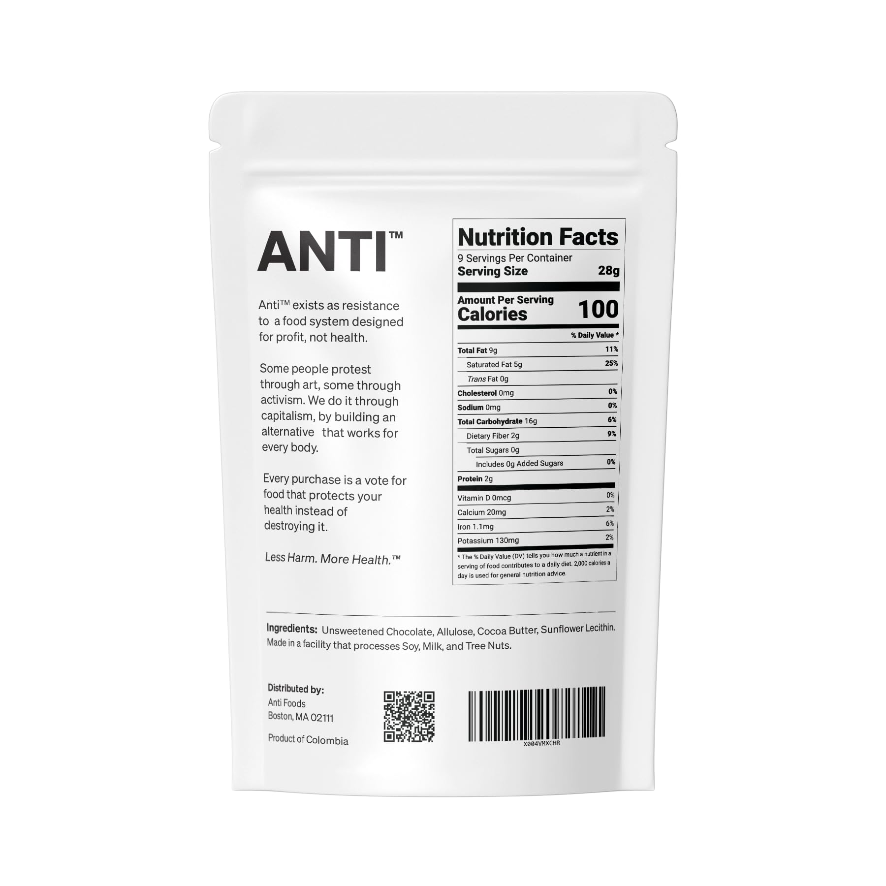 Anti Sugar Free Dark Chocolate Mini Chips bar close-up shows 55% cacao.