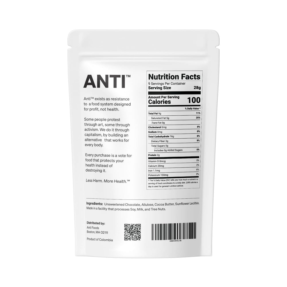 Anti Sugar Free Dark Chocolate Mini Chips bar close-up shows 55% cacao.