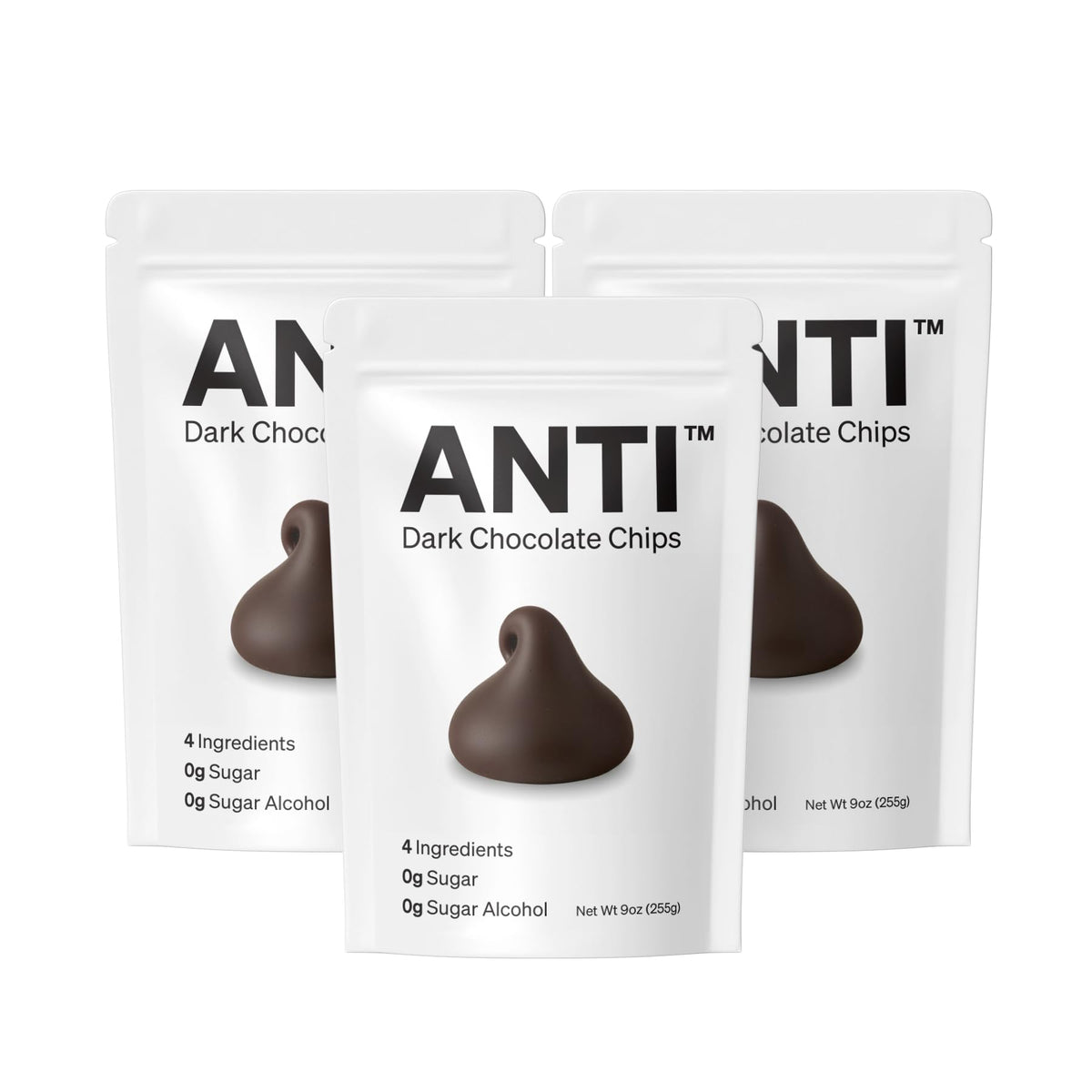 Anti Sugar Free Dark Chocolate Mini Chips pack shot highlights four-ingredient formula.