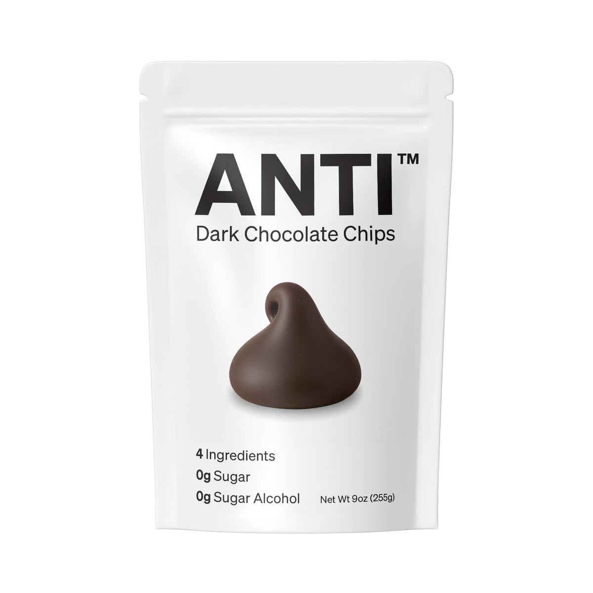 Anti sugar-free dark chocolate mini chips in a bag, perfect for guilt-free treats.