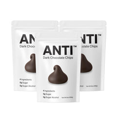 Anti Sugar Free Dark Chocolate Mini Chips pack shot highlights four-ingredient formula.
