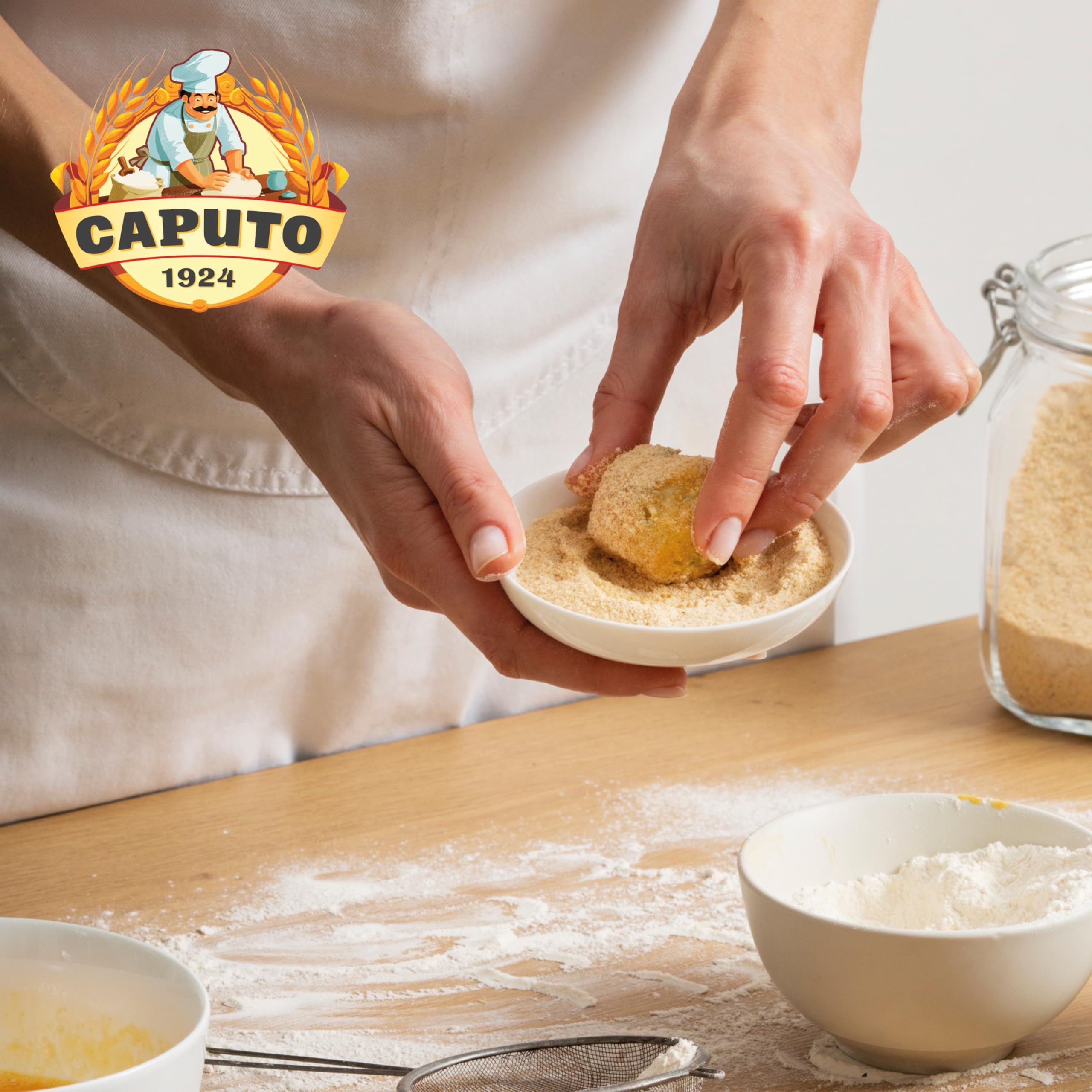 Italian kitchen setup featuring Caputo Tipo 1 flour on the counter.