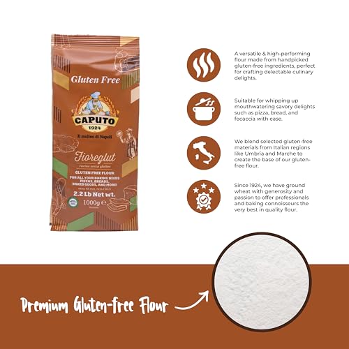 Measuring cups alongside Antimo Caputo gluten-free flour.