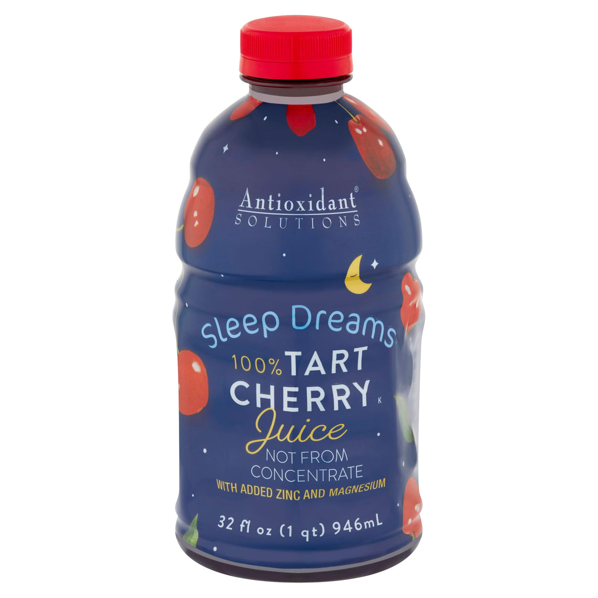 Antioxidant Solutions Sleep Dreams tart cherry juice bottle pour supports a calming evening routine.