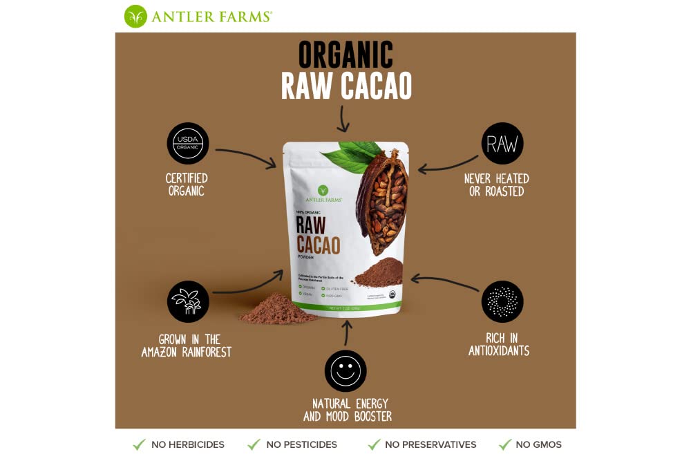 Antler Farms Certified Organic label—100% cacao with no additives
