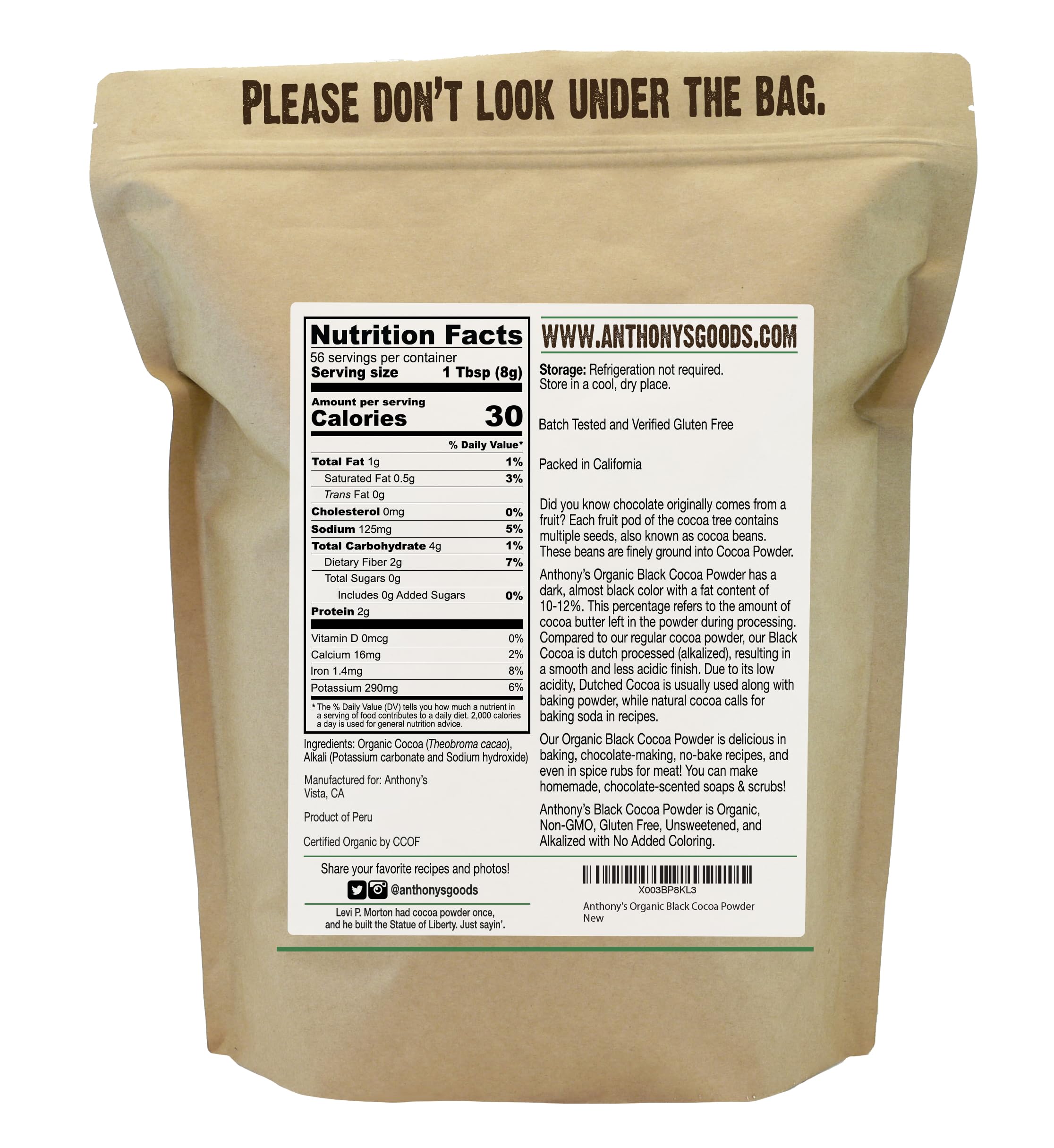 Anthony's Organic Black Cocoa Powder dutch-process label highlights smooth chocolate flavor